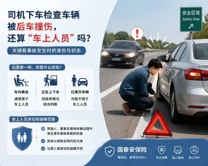 高速上停车后下车查看轮胎，司机被后车撞伤，还算“车上人员”吗？(图1)